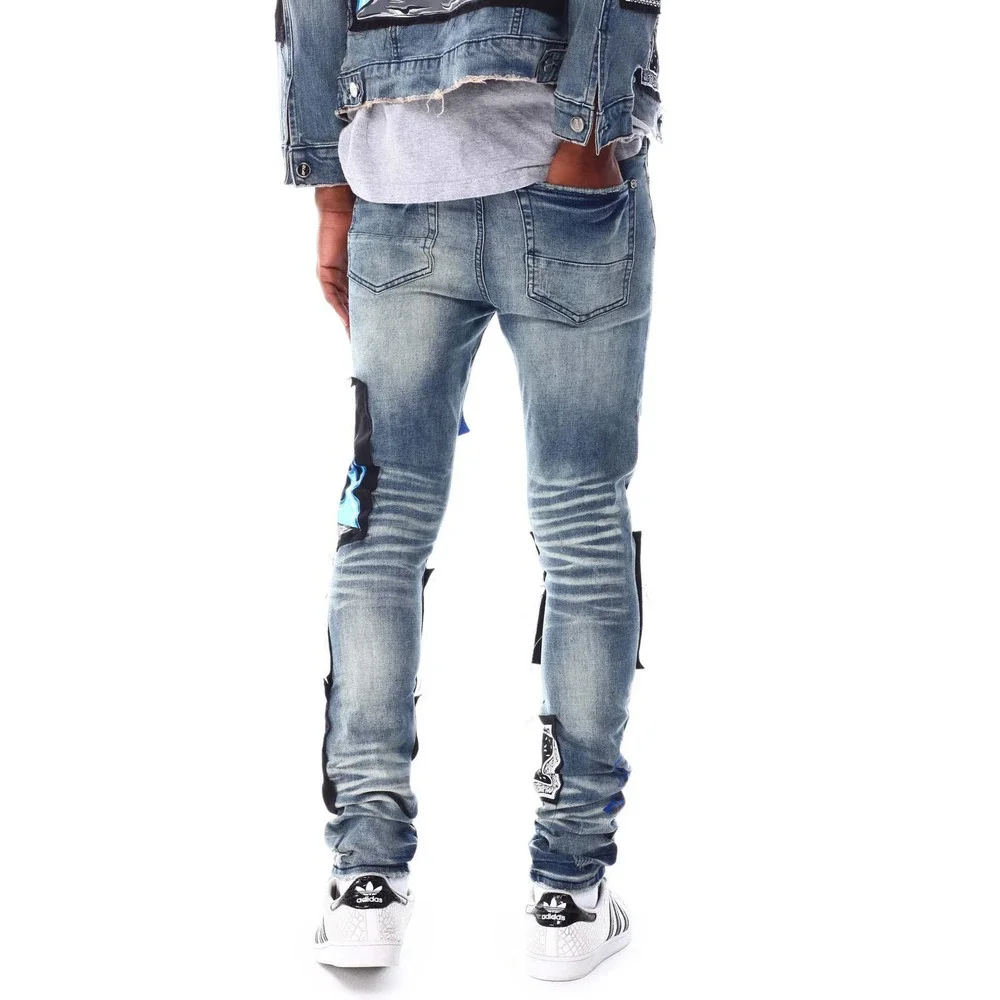 GFTD LA Los Angeles Men's Skinny Fit Panel Patch Fire Skull Distressed Rip Jeans - Picture 3 of 7